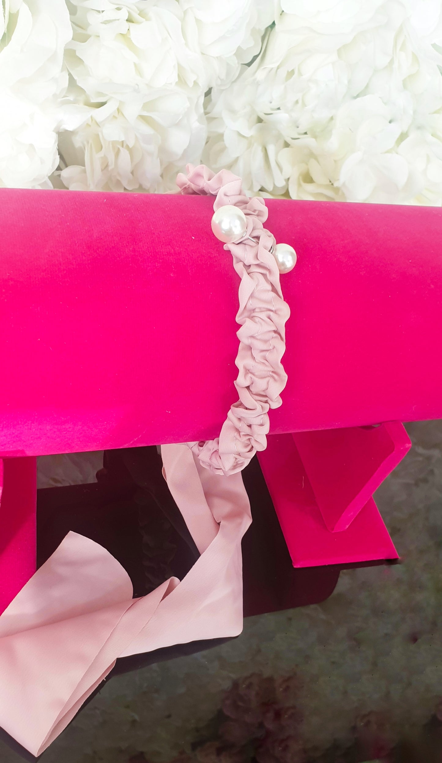 Pink Thin Pearl Headband With Ribbon - The Girl House