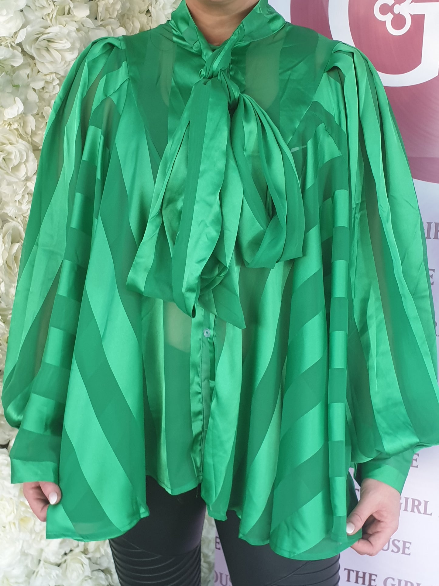 GREEN CHIFFON STRIPED PUSSYBOW BLOUSE - The Girl House