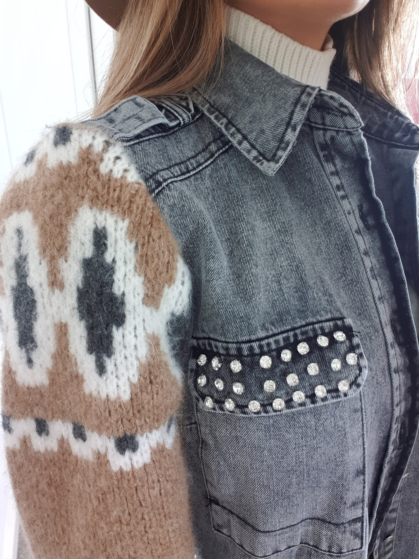 CARDIGAN DENIM COMBO OVERLAY SHIRT WITH DIAMONTE - The Girl House
