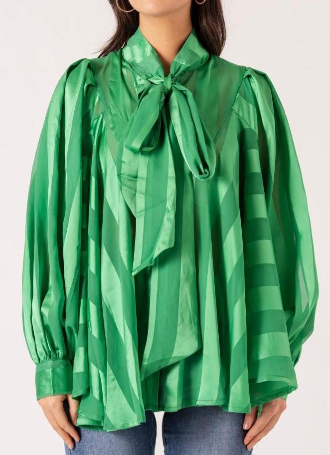 GREEN CHIFFON STRIPED PUSSYBOW BLOUSE - The Girl House