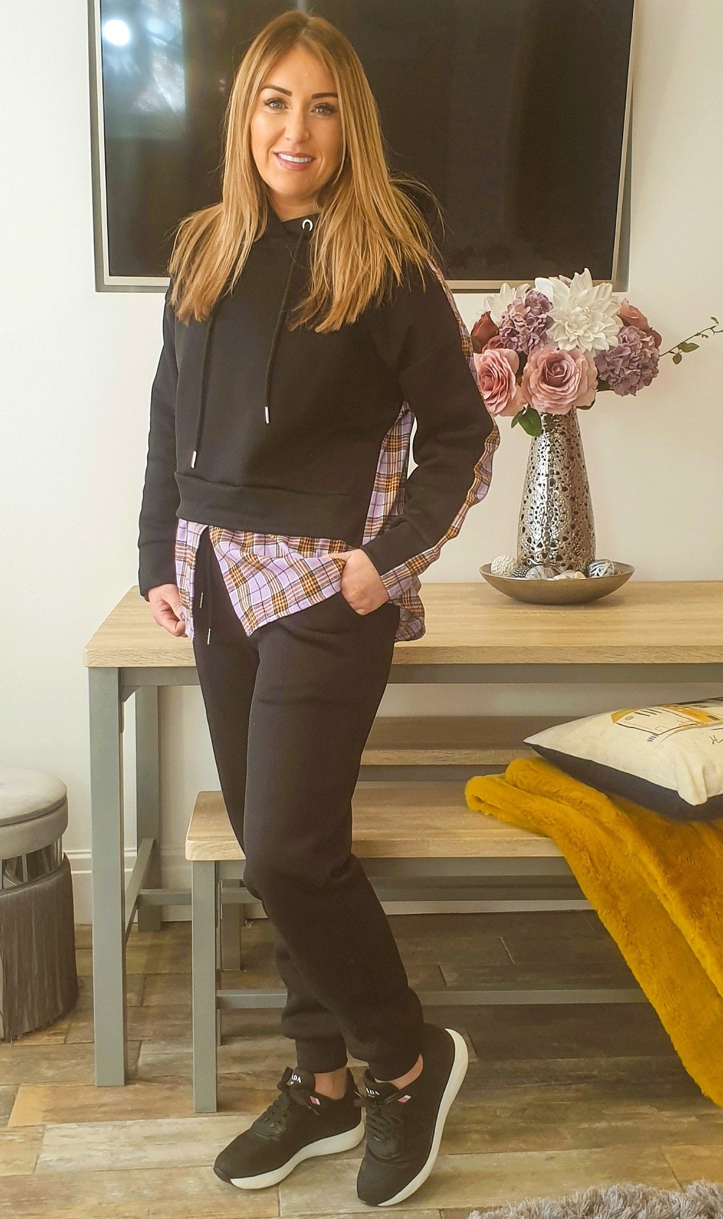 MYA TARTAN CHECK BLACK LOUNGEWEAR SET WITH SHIRT OVERLAY - The Girl House