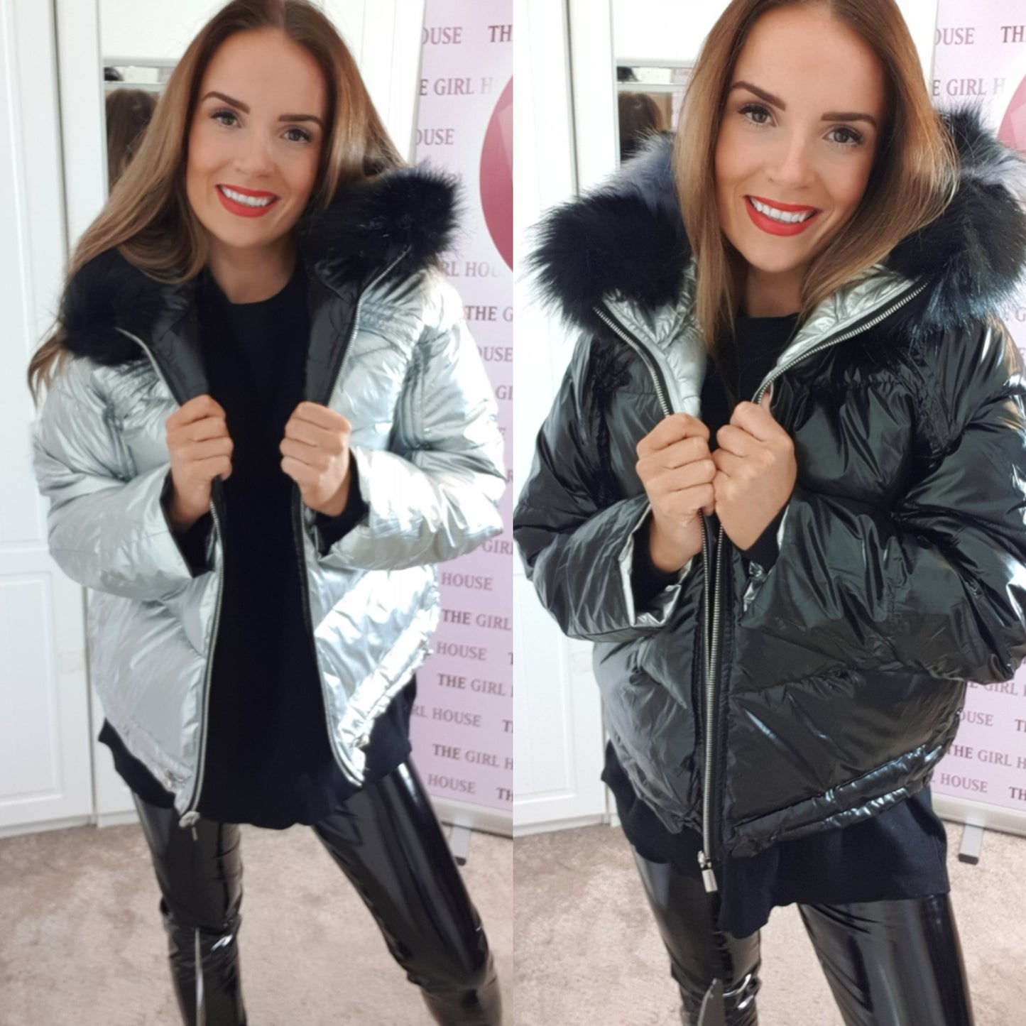 REVERSIBLE HOODED VINYL QUILTED FAUX FUR COAT - The Girl House