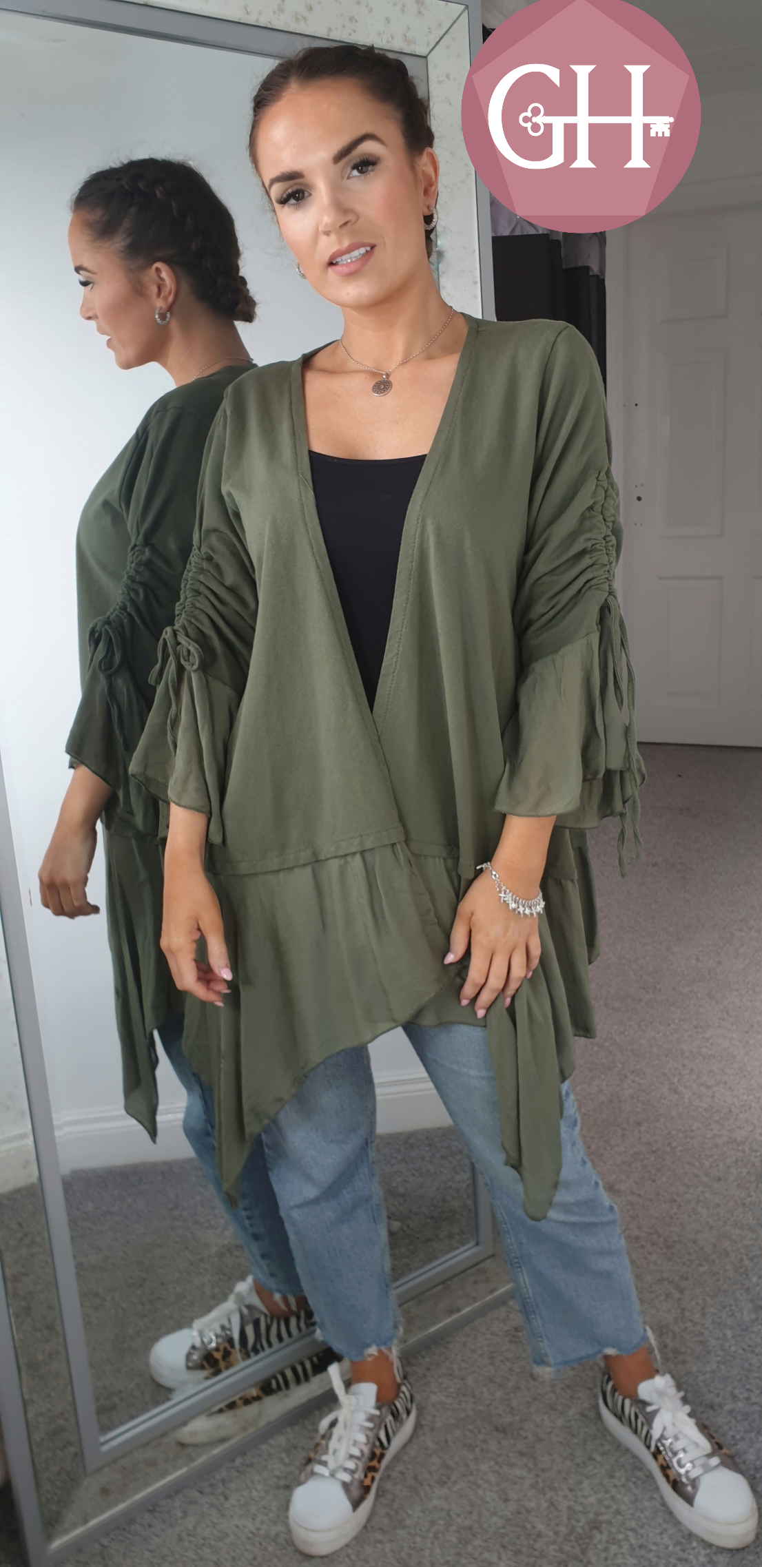 KHAKI CARDIGAN WITH SHEER HEM - The Girl House