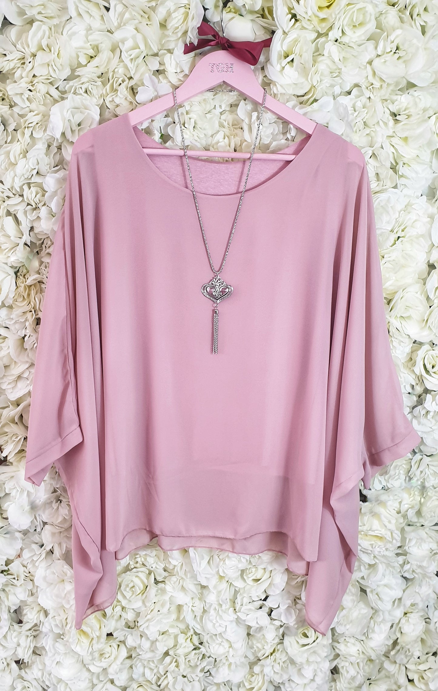 BlUSH PINK TOP WITH SHEER OVERLAY WITH NECKLACE - The Girl House