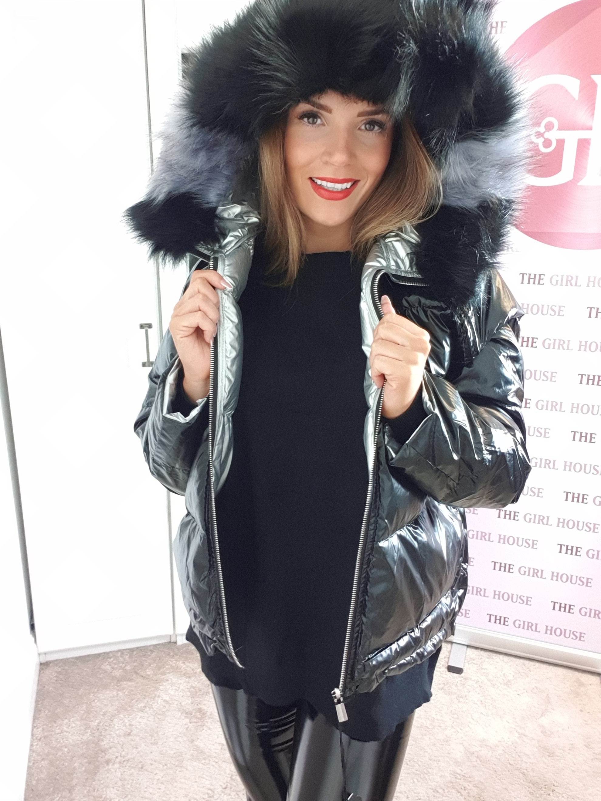 Vinyl coat sale with fur hood