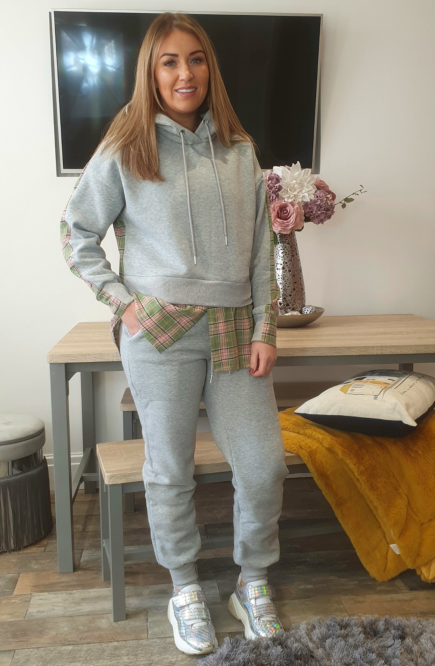 MYA TARTAN CHECK GREY LOUNGEWEAR SET WITH SHIRT OVERLAY - The Girl House